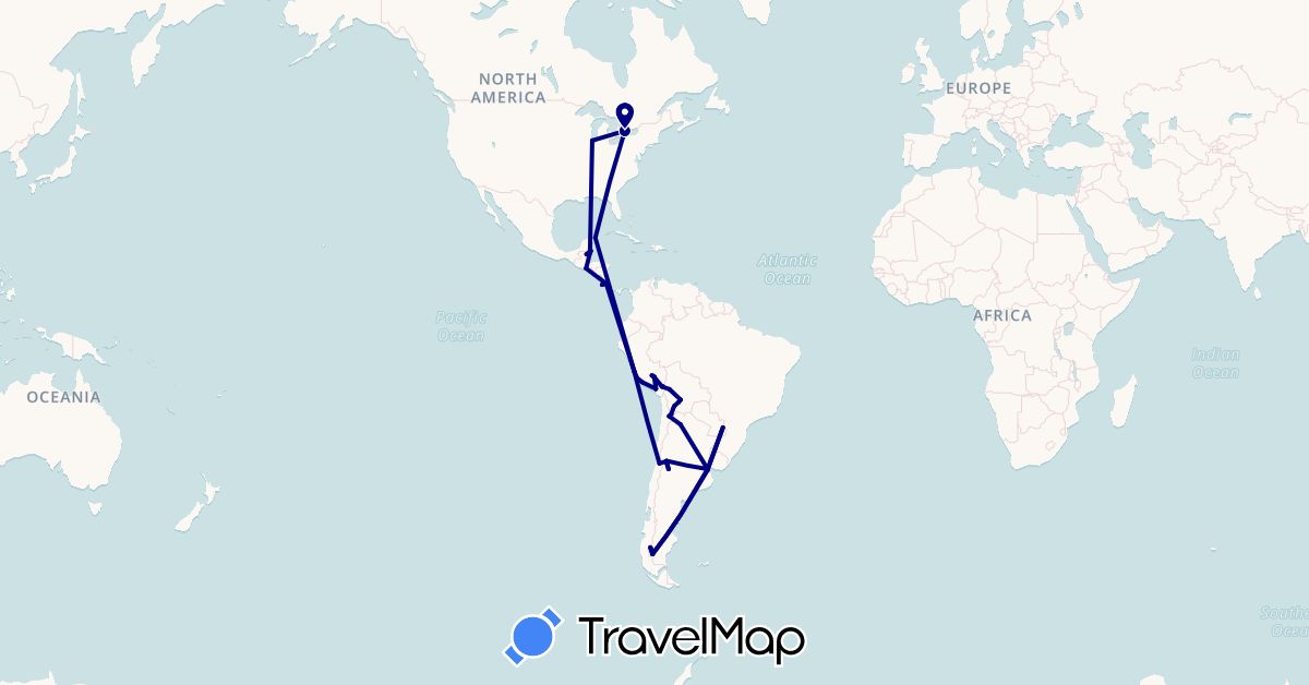 TravelMap itinerary: driving in Argentina, Bolivia, Brazil, Belize, Canada, Chile, Costa Rica, Mexico, Peru, El Salvador, United States (North America, South America)